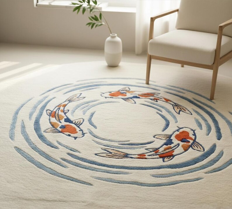 May include: A round, off-white rug featuring three koi fish in shades of orange, white, and blue, swimming in a circular pattern of blue water lines. The rug is placed on a light-colored floor.