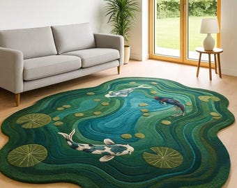 Koi Pond Area Rug Green Abstract Water Lily Living Room Floor Carpet