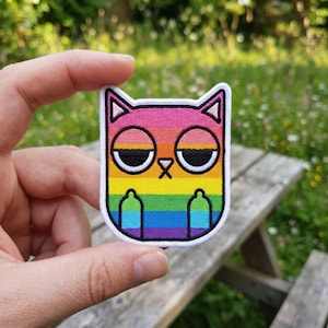 May include: A colorful cat patch with a rainbow design. The cat has a white outline, black eyes, and a small cross for a mouth. The patch is held up by a hand against a blurred background of green grass and a wooden bench.