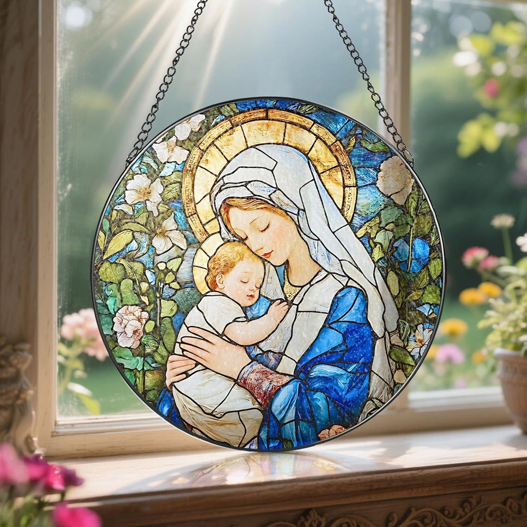 Virgin Mary Stained Glass Suncatcher With Baby Jesus, Catholic Window ...
