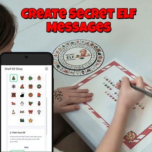 Op de afbeelding: Afbeelding toont een Secret Elf Decoder en een vel papier met een rood-witte rand. De tekst "CREATE SECRET ELF MESSAGES" staat bovenaan. Een smartphone toont elf-thema-iconen. Een hand schrijft op het papier.