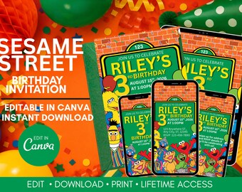 Sesame Street Birthday Invitation Template, Editable Canva Invite, Elmo Birthday Party Invitation, Printable Kids Birthday Invite