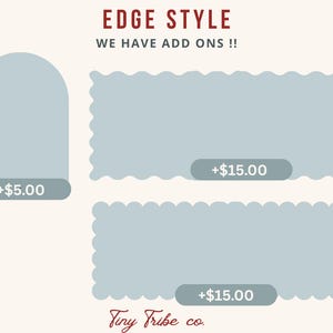 Puede incluir: Una pantalla gr&aacute;fica titulada EDGE STYLE WE HAVE ADD ON S !! que presenta tres formas de color azul claro: un rect&aacute;ngulo con parte superior arqueada, un rect&aacute;ngulo ancho con bordes festoneados y un rect&aacute;ngulo ancho con bordes redondeados, cada uno con texto de precio.