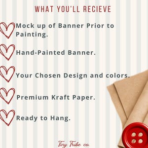 Puede incluir: Una lista titulada WHAT YOU'LL RECIEVE con cinco iconos de coraz&oacute;n rojo junto al texto: Mock up of Banner Prior to Painting, Hand-Painted Banner, Your Chosen Design and colors, Premium Kraft Paper y Ready to Hang, con un bot&oacute;n rojo.