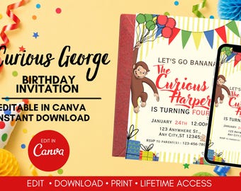 Curious George Birthday Invitation | Editable Canva Template (Digital Download)