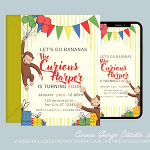 May include: An invitation featuring the text "Let's Go Bananas" and "The Curious Harper is Turning Four." The design includes a cartoon monkey, balloons, and colorful bunting. The invitation is shown on a card and a smartphone.