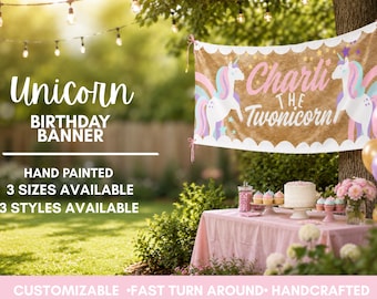 Pancarta de cumpleaños de unicornio pintada a mano y personalizada / Decoración para fiesta de unicornios