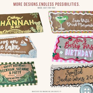 Puede incluir: Seis pancartas rectangulares con dise&ntilde;os y textos personalizados que incluyen Crikey Shannah is 30, Save Water Drink Margaritas, Love on the Lake, Ava's Berry First Birthday, Happy Birthday Beckham, Suzanne & Patty y Spotted Jackie Turns 20.