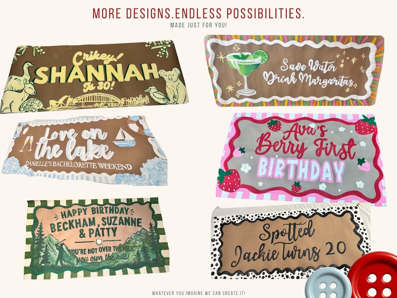 Puede incluir: Seis pancartas rectangulares con dise&ntilde;os y textos personalizados que incluyen Crikey Shannah is 30, Save Water Drink Margaritas, Love on the Lake, Ava's Berry First Birthday, Happy Birthday Beckham, Suzanne & Patty y Spotted Jackie Turns 20.