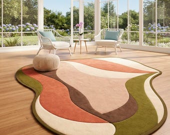 Hand Tufted Abstract Area Rug | Organic Shape Carpet | Modern Boho Living Room Statement Rug | Sage Green Terracotta Beige Carpet