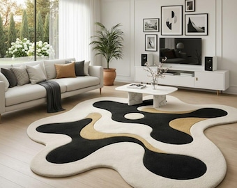 Alfombra abstracta orgánica tejida a mano / Alfombra de área de forma irregular / Alfombra moderna para sala de estar en negro y marfil / Alfombra abstracta en negro y crema