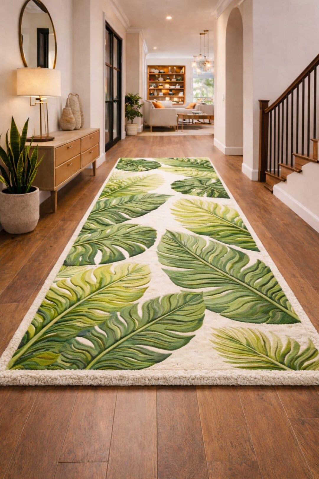 Hand Tufted Tropical Leaf Runner Rug | Botanical Hallway Carpet | Green ...