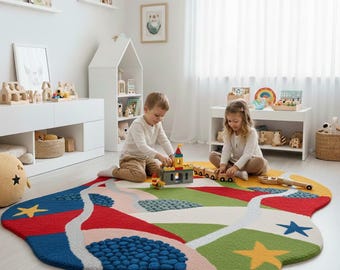 Hand Tufted Kids Play Rug | Colorful Abstract Area Carpet | Modern Nursery Playroom Rug | Montessori Playroom Decor Rug