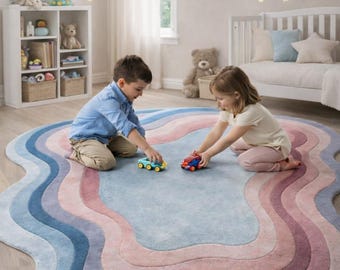 Hand Tufted Kids Wave Rug | Pastel Nursery Area Carpet | Modern Playroom Decor Rug | Kids Bedroom Playroom Rug
