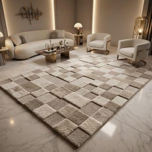 Hand Tufted Patchwork Wool Rug | Neutral Beige Geometric Area Rug | Modern Living Room Carpet | Minimalist Home Decor | Scandinavian Japandi