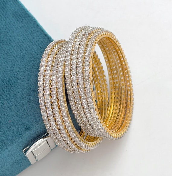 Indian 8pc American Diamond Gold Plated Bangles, Zircon Bracelet, 2.10 size, CZ Gift Jewelry