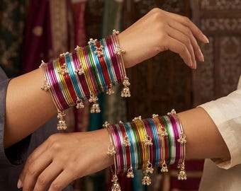Gold Multi Color Ghungroo Bangles, Indian Kashmiri Style Churi Set ...