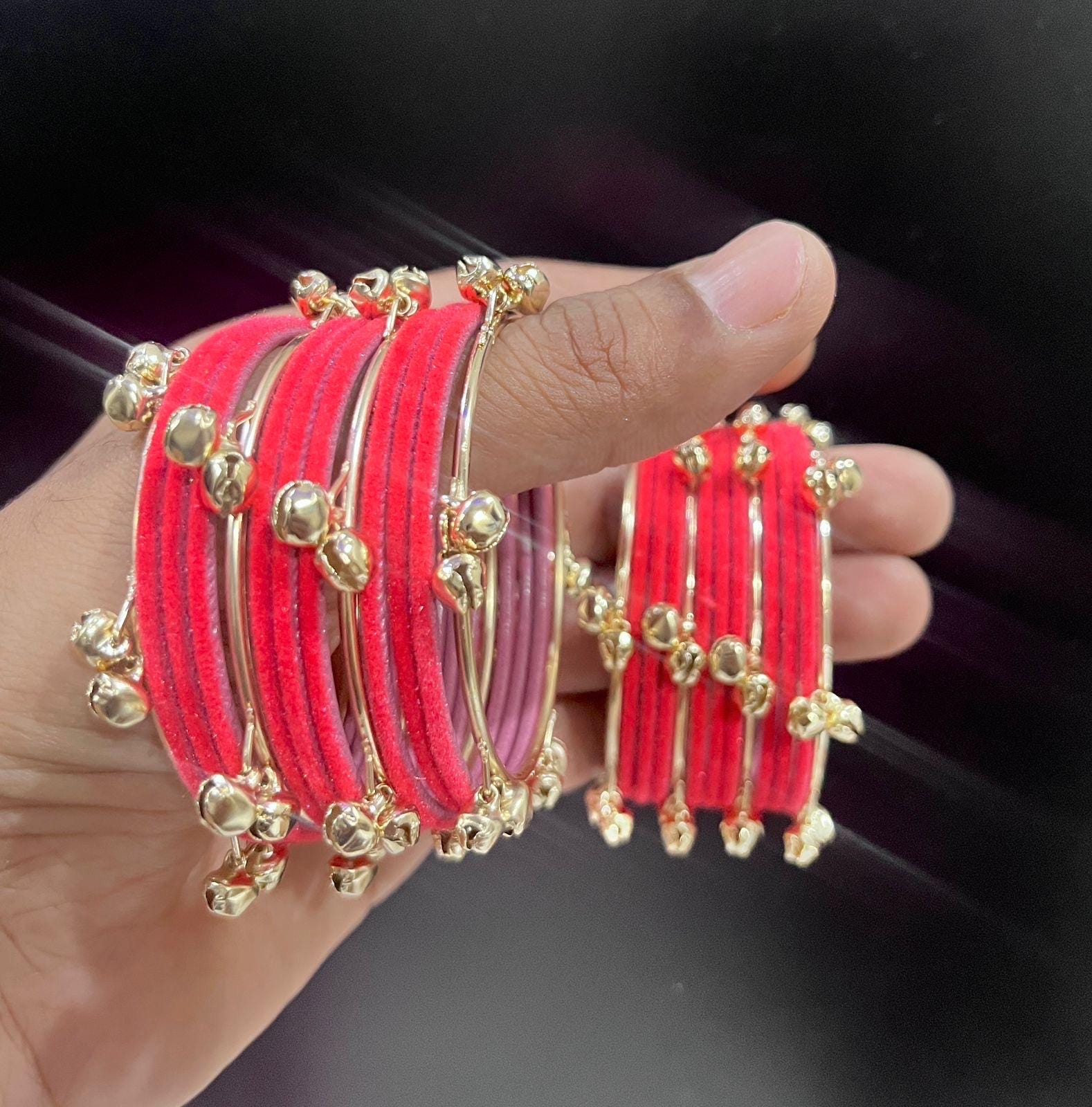 Pakistani Pink Velvet Multi Color Ghungroo Churi Bangles, Indian