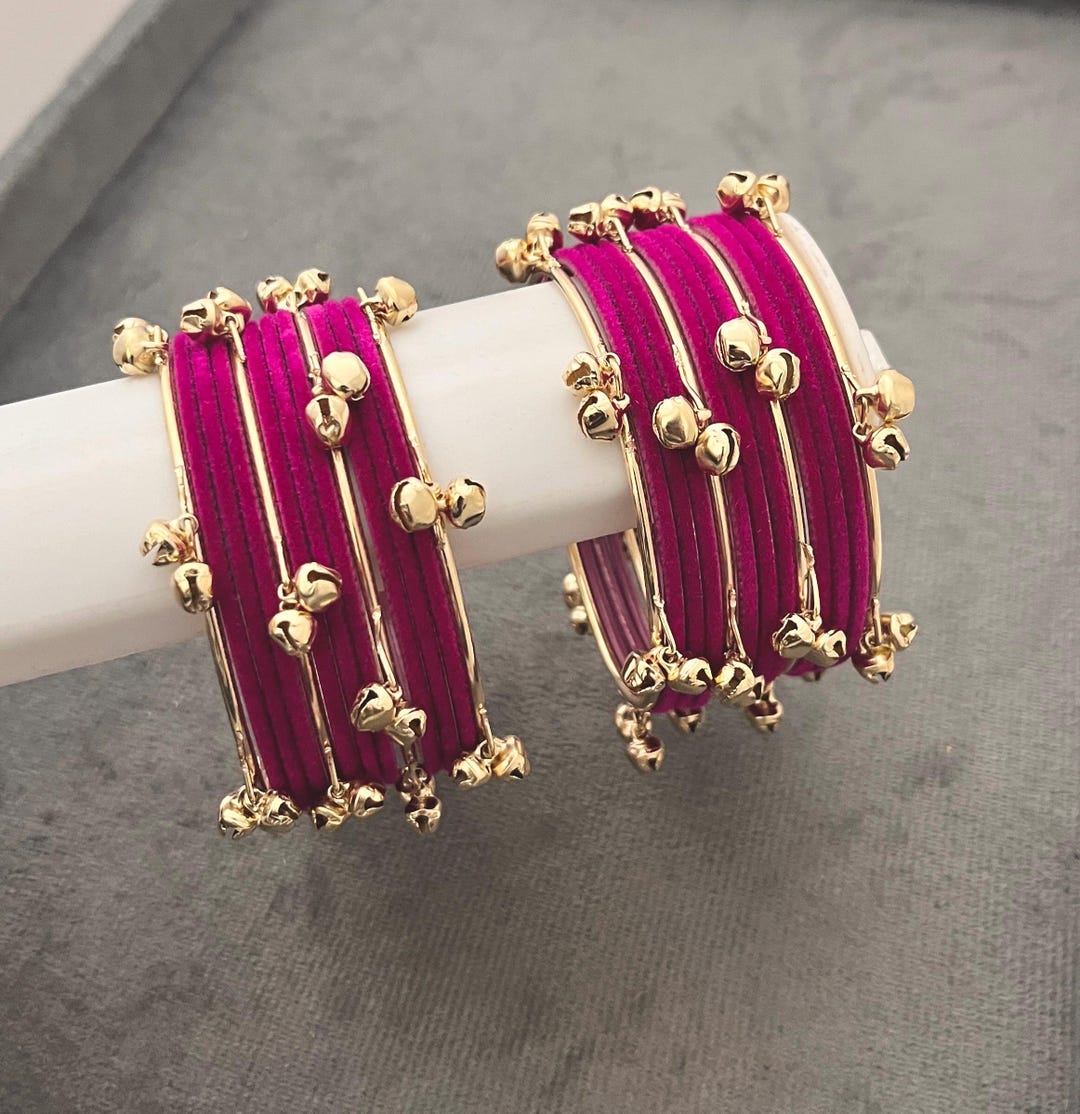 Pakistani Pink Velvet Multi Color Ghungroo Churi Bangles, Indian Bridal ...