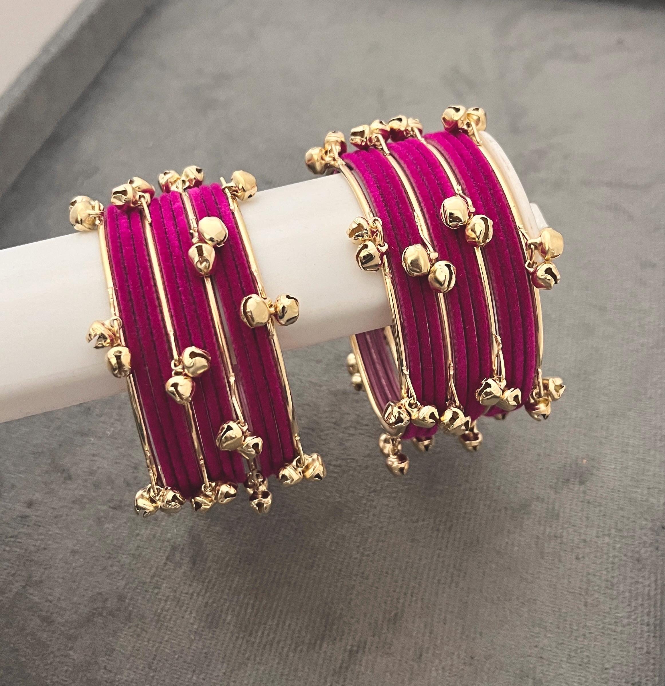 Pakistani Pink Velvet Multi Color Ghungroo Churi Bangles, Indian