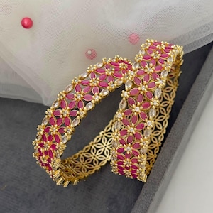 Indian Gold Plated American Diamond Ruby Pink Bangles Bracelet, Wedding Gift Jewelry 2.8, 2.10