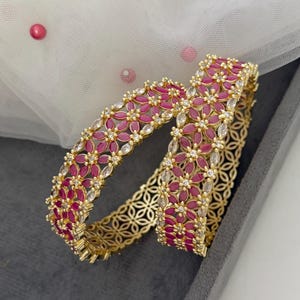 Indian 2pc Gold Plated American Diamond Ruby Pink Bangle Bracelet Set, Gift Jewelry