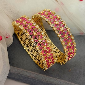 Indian 2pc Gold Plated American Diamond Ruby Pink Bangles Bracelet, Wedding Gift Jewelry 2.10