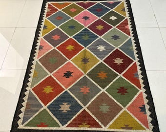 Vintage Woll-Jute-Kelim Teppich - Handgewebter indischer Dhurrie, traditioneller Teppich in Sondergröße