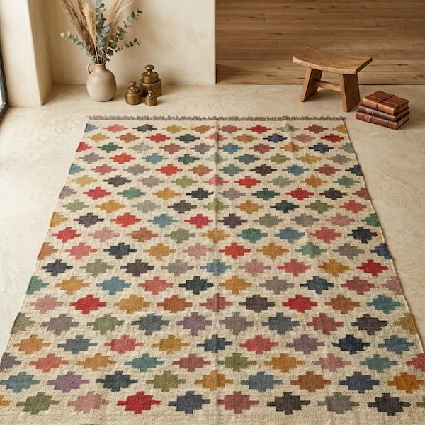 Ręcznie tkany dywan kilim, wielokolorowy dywan w geometryczne wzory, dywan w stylu boho, dywan wełniany tkany na płasko, dekoracja salonu i sypialni, ręcznie robiony dywan