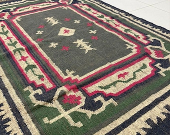 Handwoven Kilim Rug, Wool Jute Dhurrie, Indian Area Rug 8x10