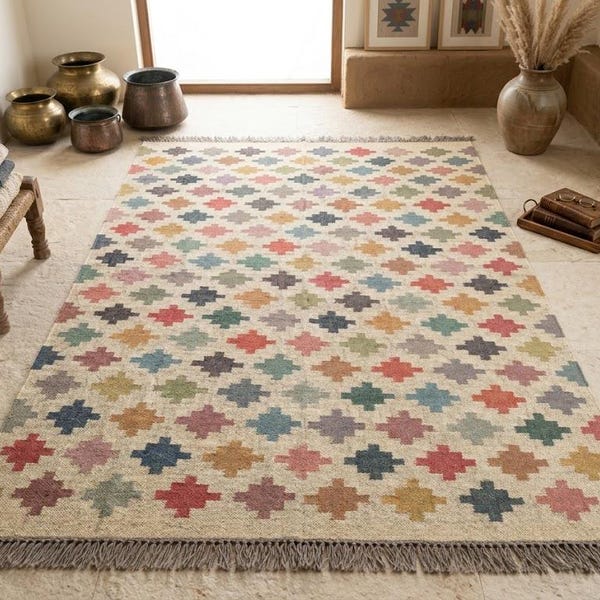 Handgeweven kelimtapijt, veelkleurig geometrisch tapijt, boho tribal tapijt, platgeweven wollen tapijt, woonkamer slaapkamer decor, handgemaakt tapijt