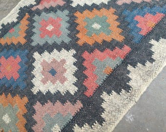 May include: A rectangular rug with a geometric pattern. The rug features a dark gray background with colorful, square-shaped designs in shades of red, orange, blue, and green. The edges of the rug are a lighter, neutral color.