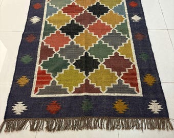 Handwoven Kilim Rug, Wool Jute Dhurrie, Indian Area Rug 8x10
