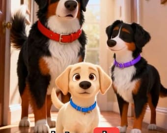 May include: Three animated dogs of different breeds, including a Bernese Mountain Dog and a Labrador puppy, stand in a well-lit hallway. The dogs wear collars in red, blue, and purple. Text on the image reads "but now she".