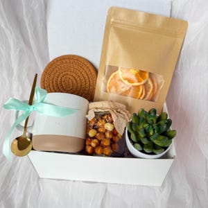 May include: A gift box containing a white and tan mug with a gold spoon and a light blue ribbon, a brown woven coaster, a jar of nuts, a bag of dried orange slices, and a small succulent in a white pot. The items are arranged in a white box.