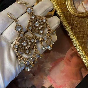 Vintage barocka kristallhängande örhängen, guldpalatsstil, 925 silverstolpe