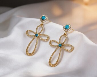Vintage turkooizen kruisoorbellen, gouden boho-statementsieraden