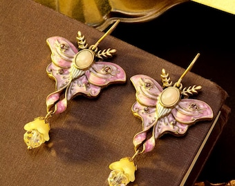 Emaille vlinderoorbellen, roségouden kwasthanger, vintage Fairycore-sieraden