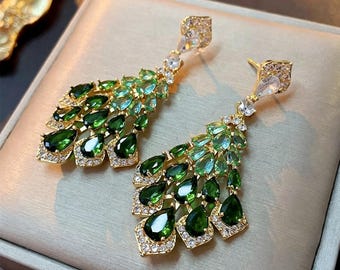 Luxe groene oorbellen, gouden statementoorbellen voor bruiloft, zirkonia hangoorbellen, mode-sieraden voor dames
