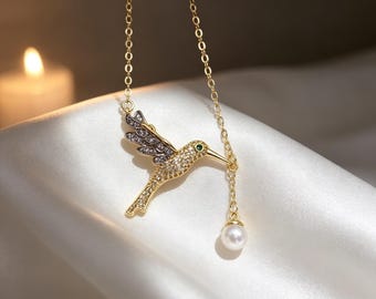 Kolibrie hanger ketting, zoetwaterparel, zirkonia, vintage stijl, cadeau voor vrouwen