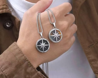 Tijgeroog kompas ster hanger ketting, roestvrijstalen ketting, uniseks sieraden