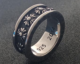 Zwartzilveren madeliefjering, vintage bloemen statementband, titaniumstalen Y2K-sieraden