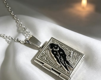 Gotische raaf-maan-medaillonketting, zilverkleurige roestvrijstalen foto-sieraden, cadeau voor haar