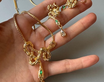 Vergulde slangensieradenset, groene kristallen ketting oorbellen, statement modeset