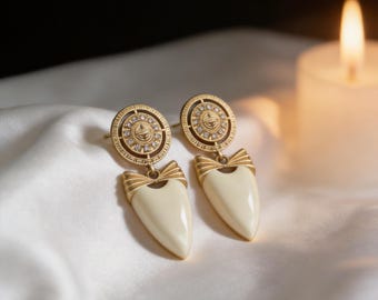 Elegante oorbellen van ivoor harsschild, vintage goudkleur, statement bruidssieraden