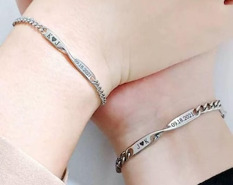 Personalized Couple Bracelets – Custom Initial & Date, Matching Stainless Steel Valentine’s Gift