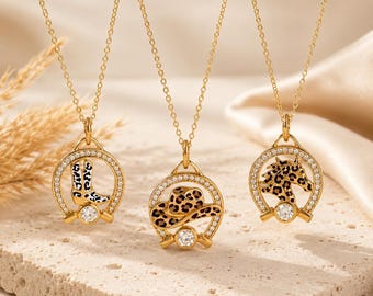 Westerncowgirlketting, paardenhoofd met luipaardprint, cowboylaars, hoed, roestvrij staal CZ