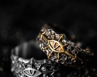 Boze oog-statementring, vintage gotisch koper, verstelbare open band, beschermingssymbool sieraden
