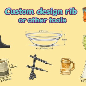 May include: Illustration of various custom design ribs and tools, including a pink cylinder (3" or 75mm), a black angled tool, a bowl (240mm diameter), a green ribbed cylinder, and a mug. The image includes measurements in inches and millimeters.