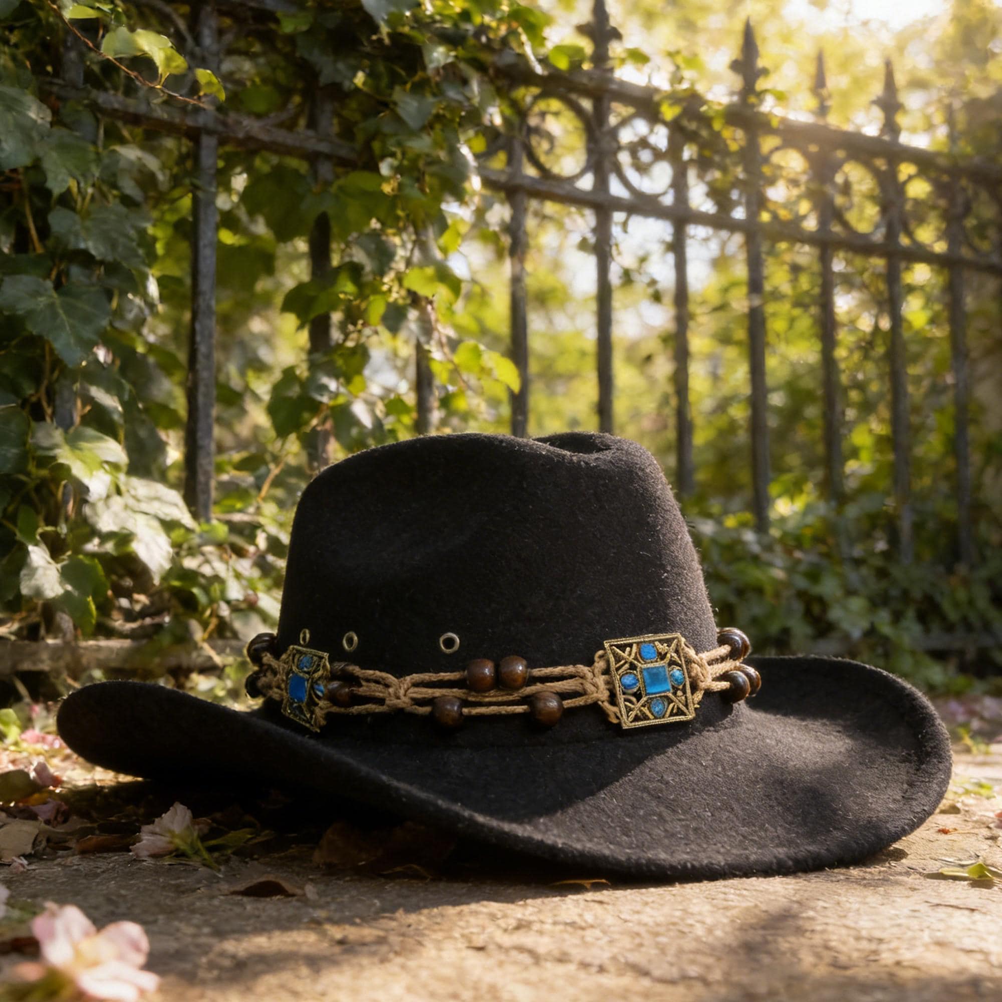 Waffle‎ Black Cowboy Hat Turquoise Stone Chain Band Western MMT9686BK NWT Black Suede Cowgirl with turquoise blue stones silver band  main image 2